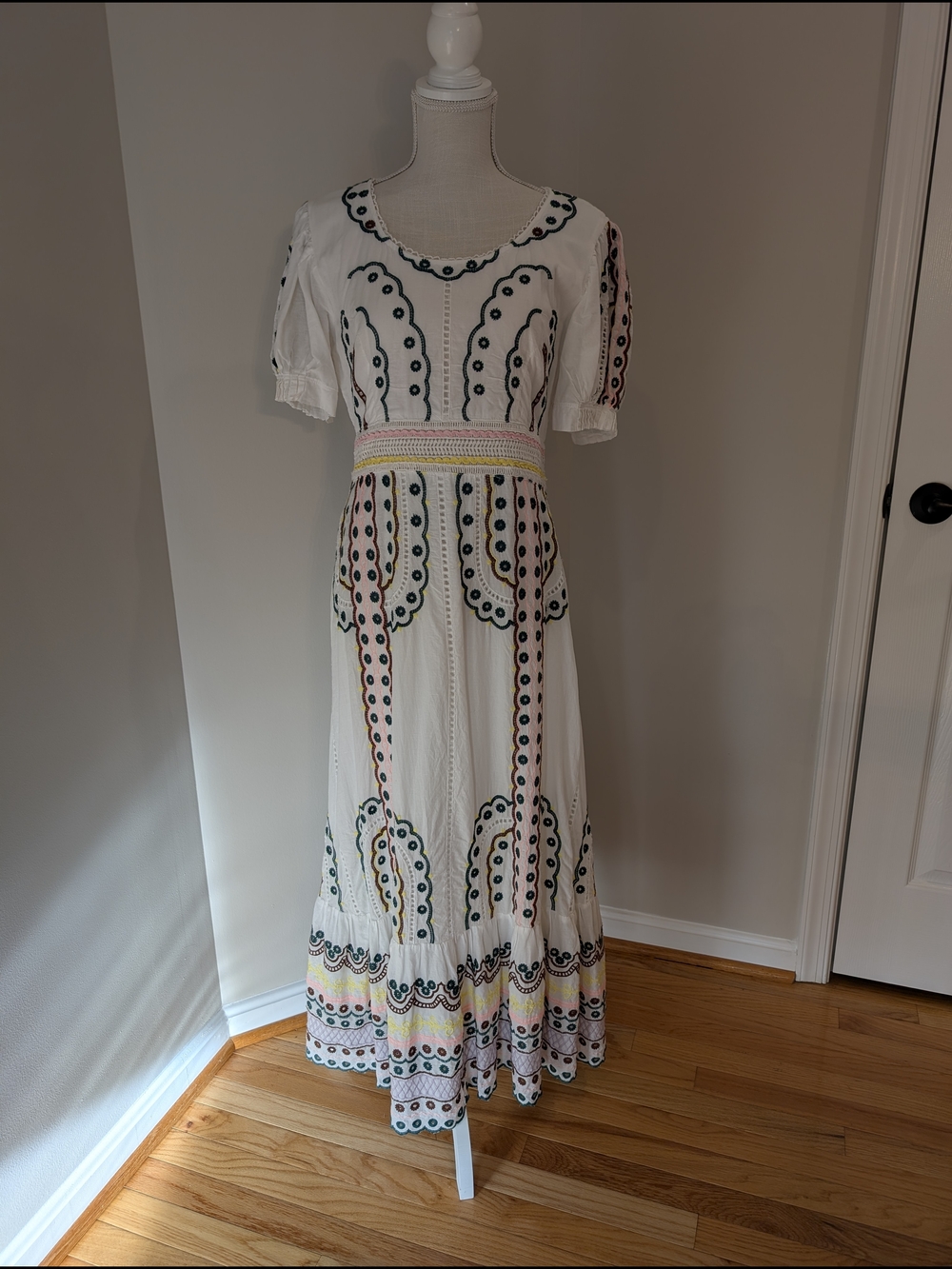 White Embroidered Maxi Dress with Multicolor Accents